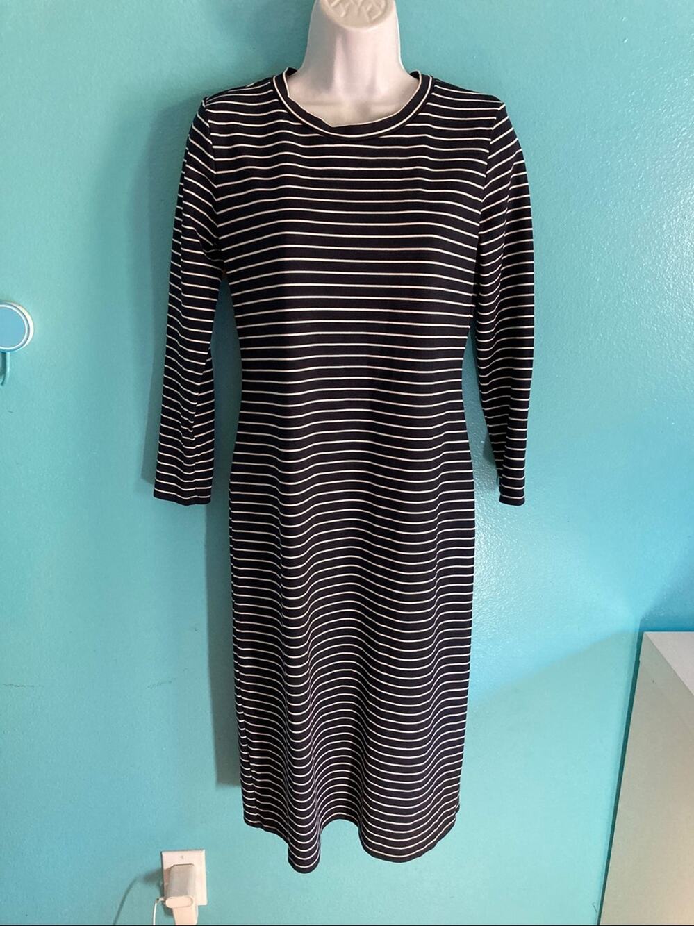 Sonnet James Play Dress Dark Navy Stripe Size S Long Sleeve Rayon Stretch NWOT